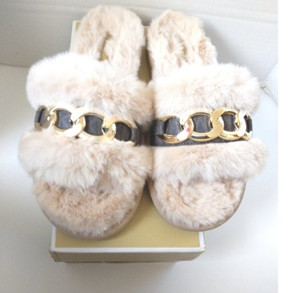 New! MICHAEL KORS Women's Scarlett Chain-trim Slippers Sandals Shoe Camel Multi - Picture 6 of 8